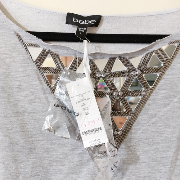 Bebe NWT Womens Casual Short Sleeve Top with Mirror Neckline Detail Size Large - Picture 5 of 11